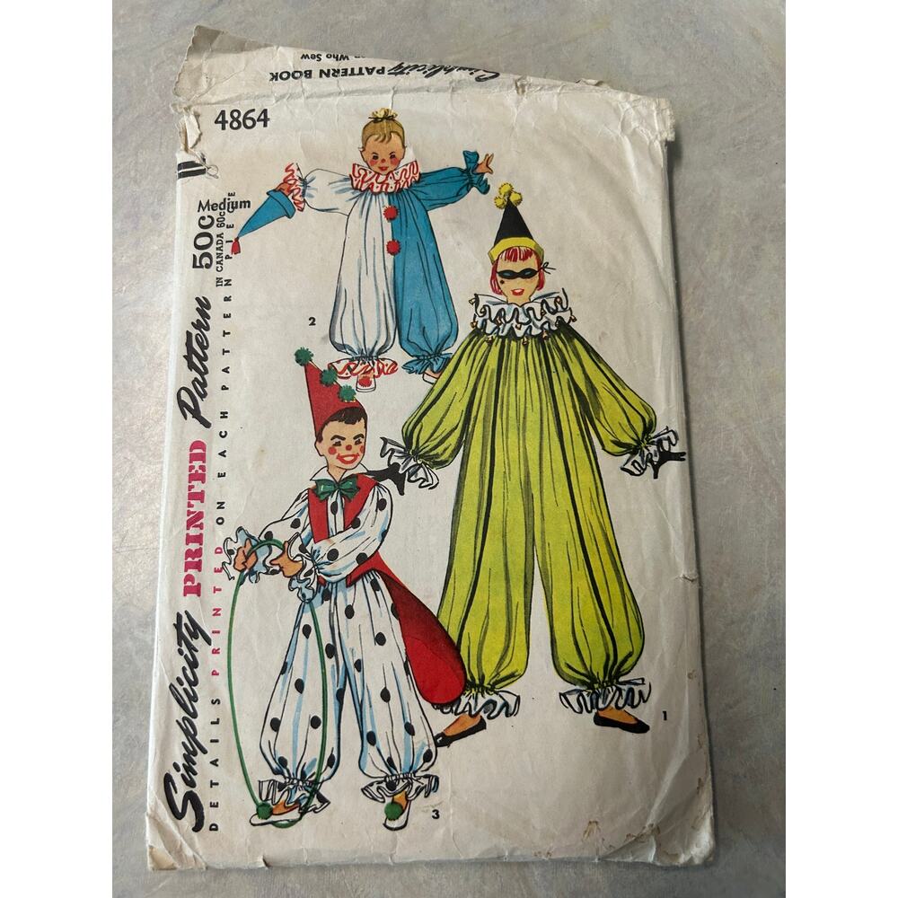 Vintage 1954 Simplicity Pattern #4864 Children's Clown Costume‎ Size Medium
